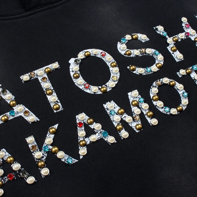Vintage Distressed Trend Diamond Studded Satoshi Nakamoto Hooded Sweatshirt Men Women New High Street Fashion Hip Hop Pullover