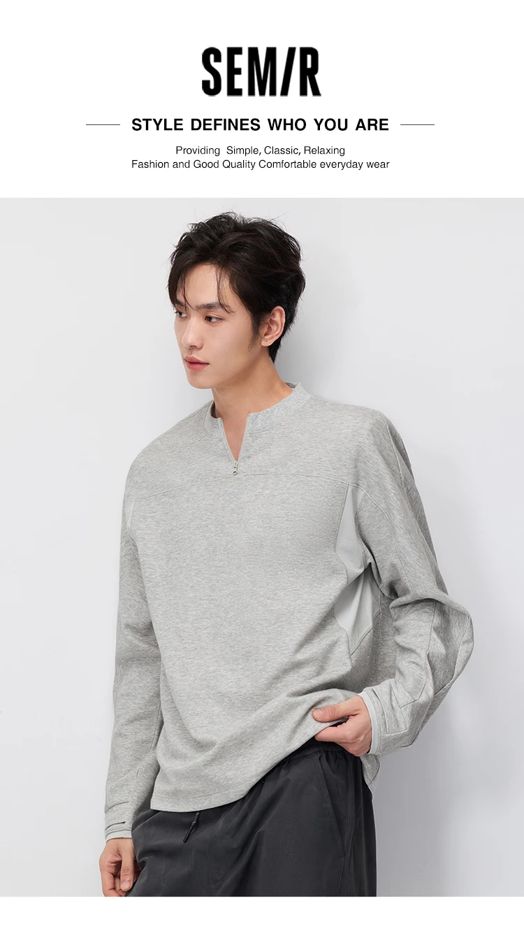 Semir Men Tshirt Long Sleeve Half Placket Textured Crew Neck Knit 2026 Autumn Couple Letter Print Casual Top Daily Wear