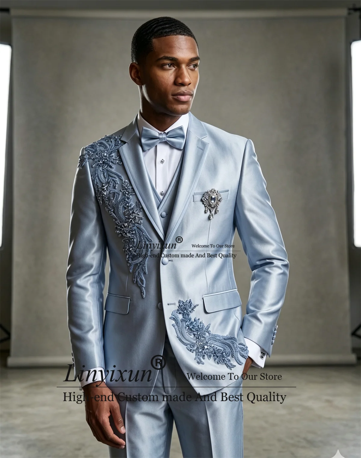 Stunning Jewelry Diamond Men Suits Appliques Customized Groom Male Prom Blazers 3 Pieces Sets Wedding Party Tuxedos ropa hombre