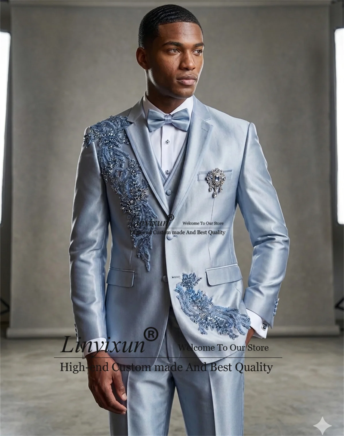 Stunning Jewelry Diamond Men Suits Appliques Customized Groom Male Prom Blazers 3 Pieces Sets Wedding Party Tuxedos ropa hombre