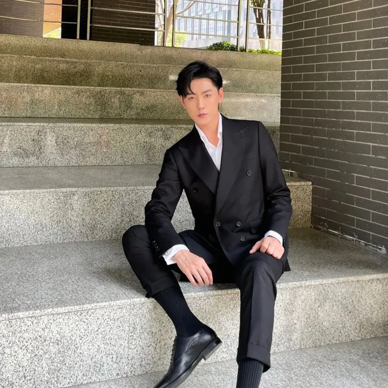 Mens Double Breasted Suit 2 Piece Set Padded Shoulder Business Formal Blazer Pants Shirt Tie Outfit
