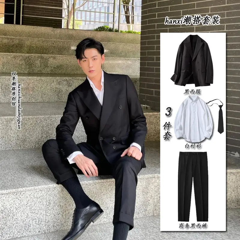 Mens Double Breasted Suit 2 Piece Set Padded Shoulder Business Formal Blazer Pants Shirt Tie Outfit
