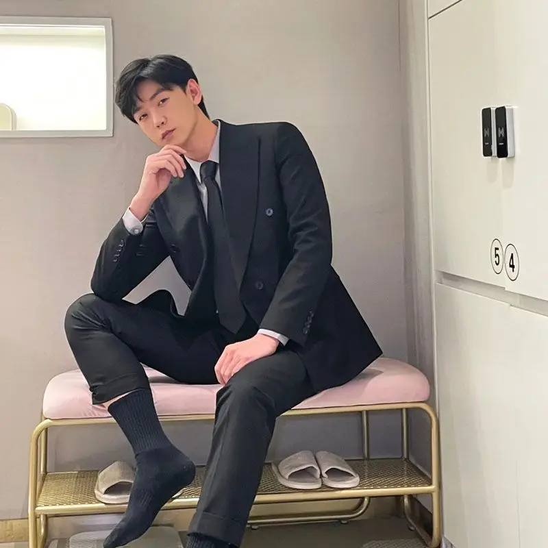 Mens Double Breasted Suit 2 Piece Set Padded Shoulder Business Formal Blazer Pants Shirt Tie Outfit