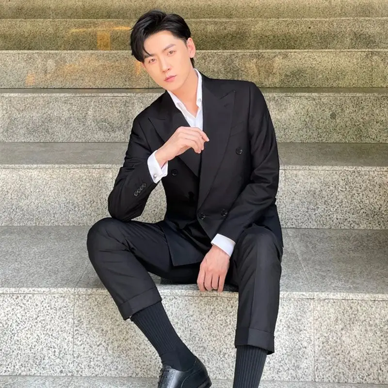 Mens Double Breasted Suit 2 Piece Set Padded Shoulder Business Formal Blazer Pants Shirt Tie Outfit