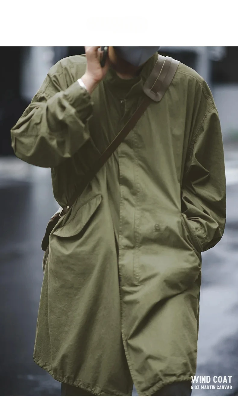 Maden Men's M51 Fishtail Trench Coat Vintage Green Weaving Waist Rope Jacket Medium Length Oversized Loose Outwear for Men