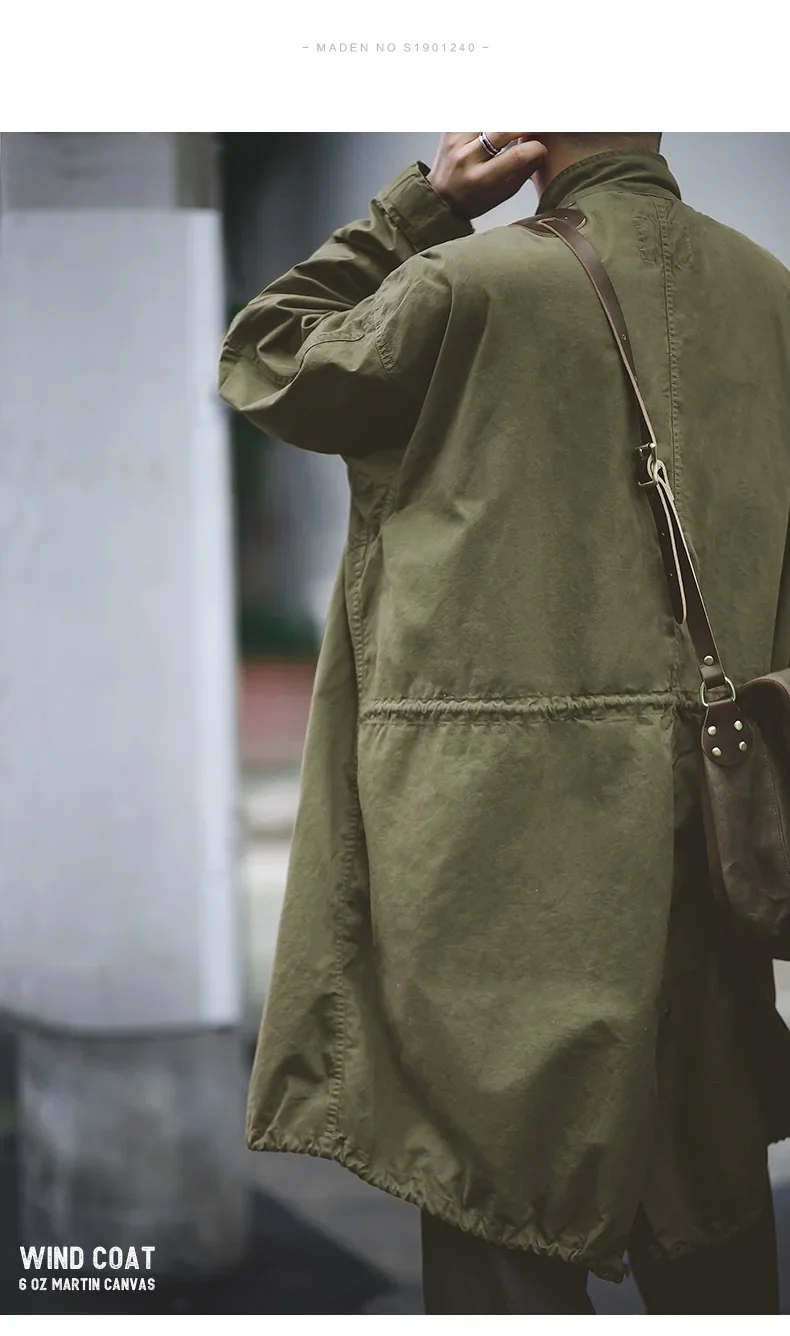 Maden Men's M51 Fishtail Trench Coat Vintage Green Weaving Waist Rope Jacket Medium Length Oversized Loose Outwear for Men