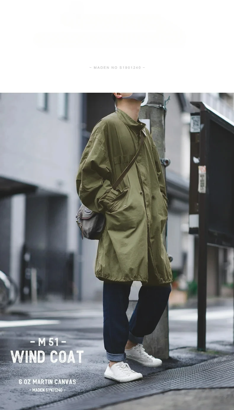 Maden Men's M51 Fishtail Trench Coat Vintage Green Weaving Waist Rope Jacket Medium Length Oversized Loose Outwear for Men