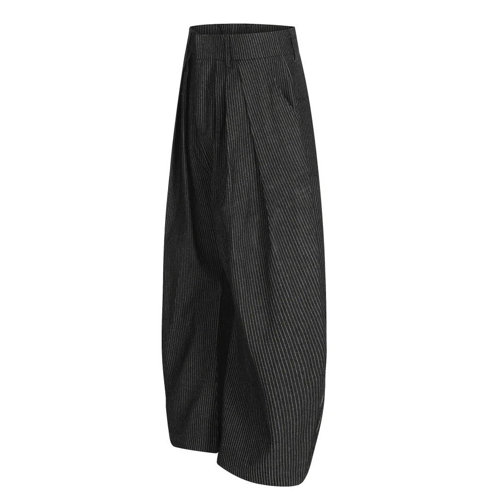 Pleated Striped Casual Pants Mens Retro Autumn Winter Baggy Wide Leg Pants Man Trousers