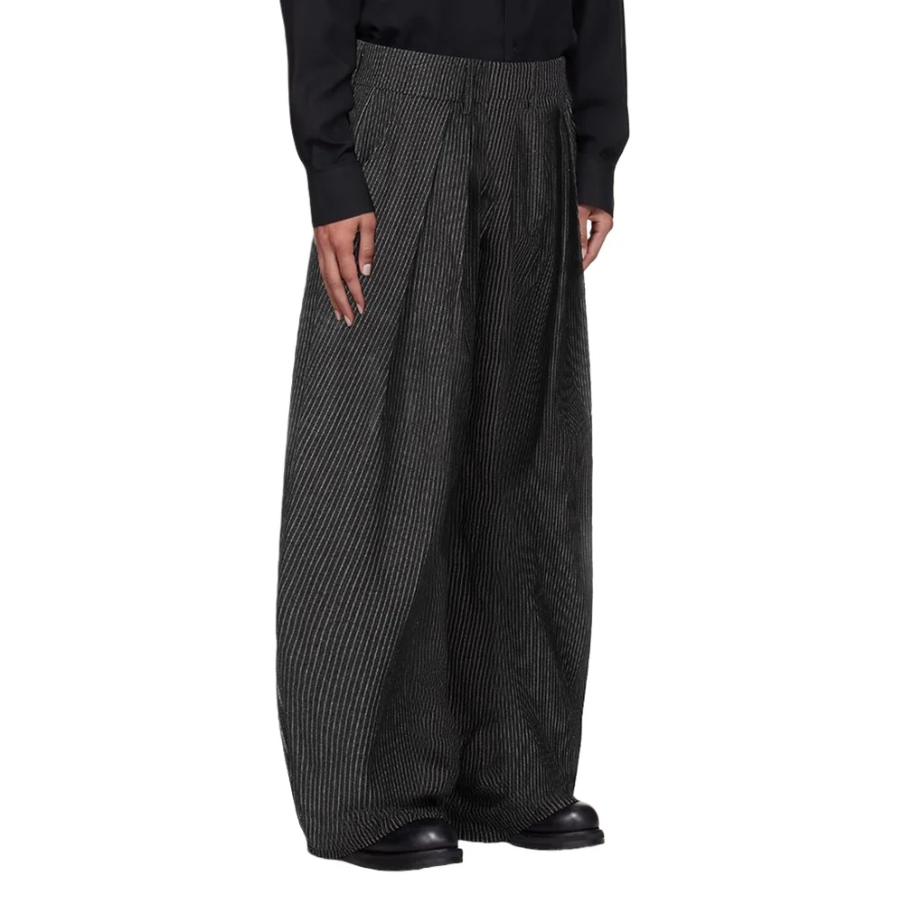 Pleated Striped Casual Pants Mens Retro Autumn Winter Baggy Wide Leg Pants Man Trousers