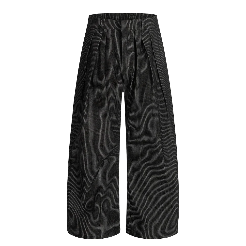 Pleated Striped Casual Pants Mens Retro Autumn Winter Baggy Wide Leg Pants Man Trousers