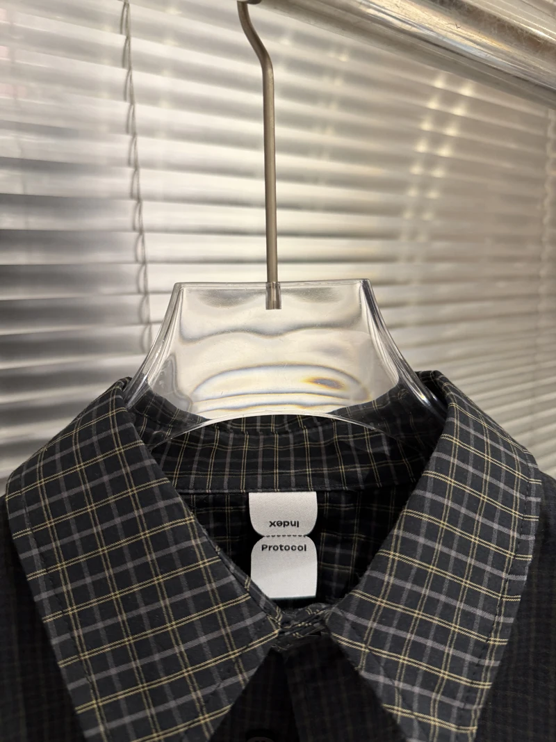 Fake Tow Pieces Protocol Index Four Sleeve Plaid Shirt Pockets Embroidery Label Men Women Casual Loose Long Sleeve Shirt Clothes