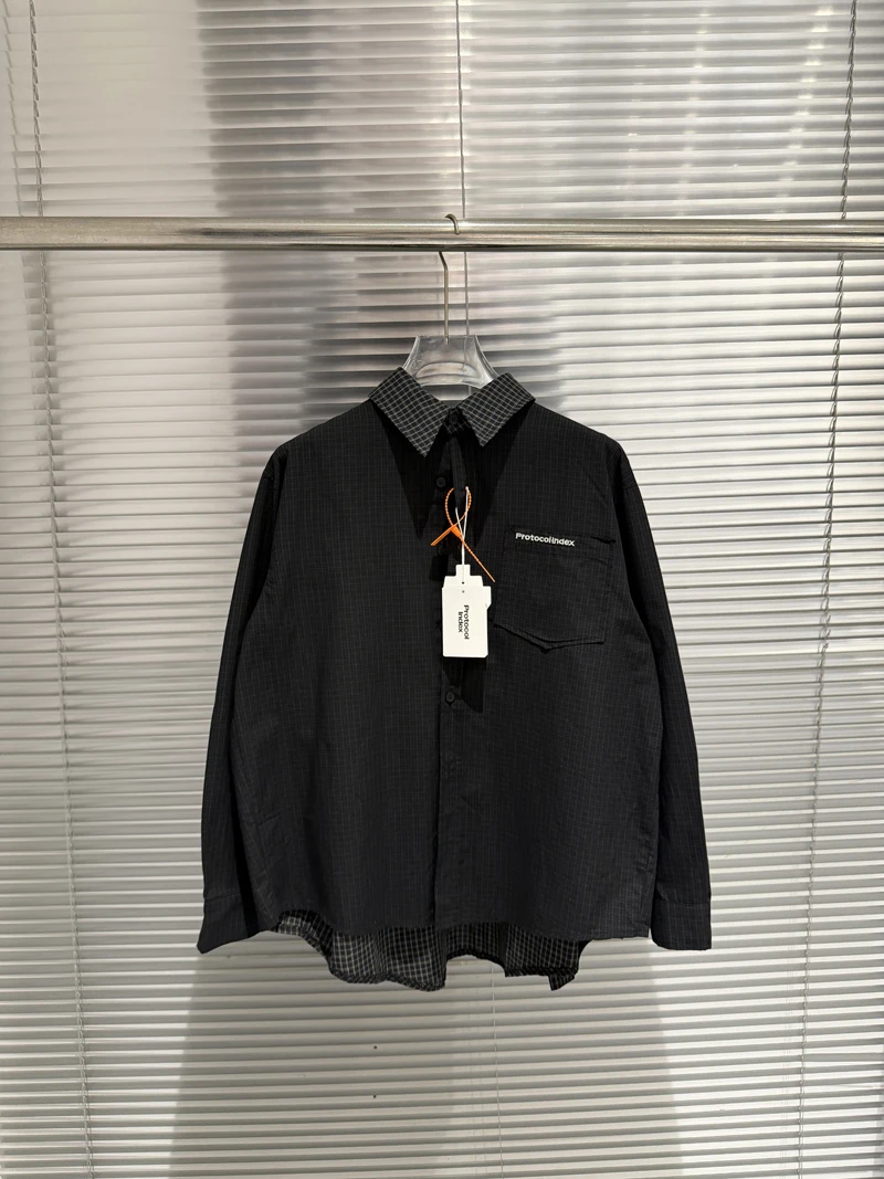 Fake Tow Pieces Protocol Index Four Sleeve Plaid Shirt Pockets Embroidery Label Men Women Casual Loose Long Sleeve Shirt Clothes