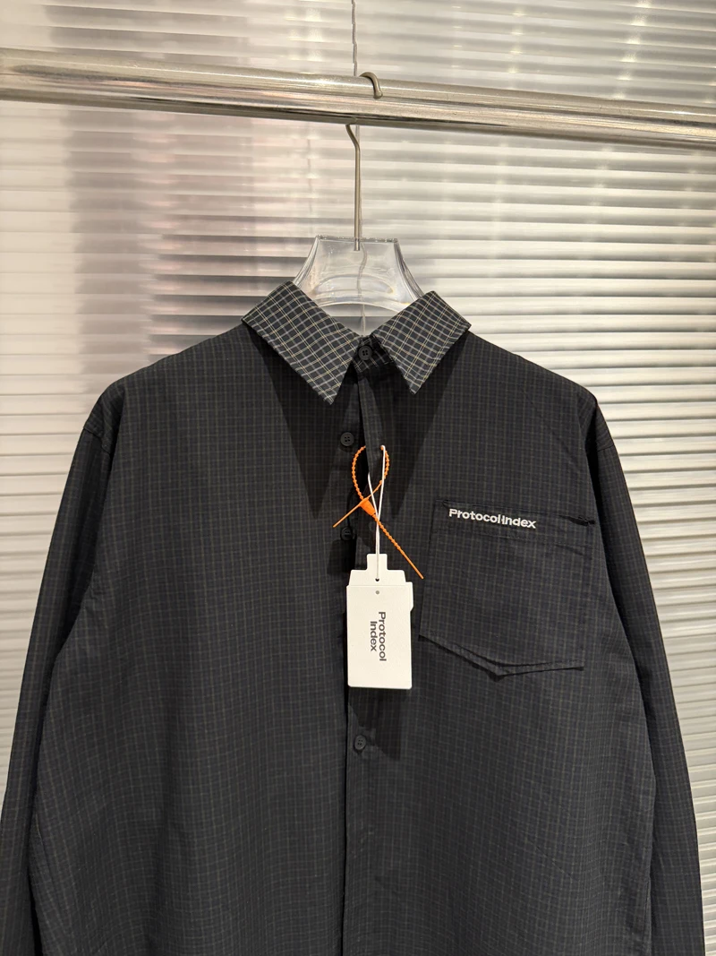 Fake Tow Pieces Protocol Index Four Sleeve Plaid Shirt Pockets Embroidery Label Men Women Casual Loose Long Sleeve Shirt Clothes