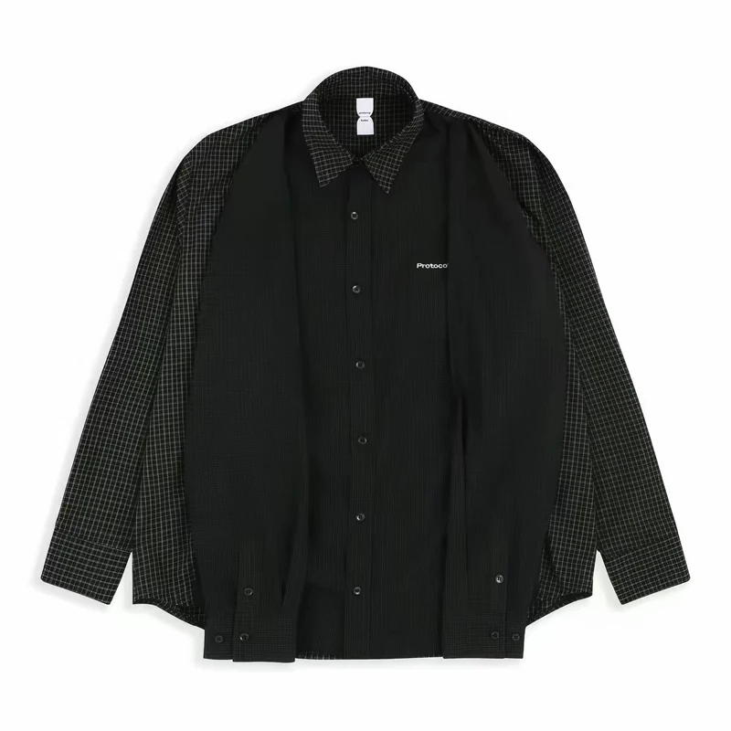 Fake Tow Pieces Protocol Index Four Sleeve Plaid Shirt Pockets Embroidery Label Men Women Casual Loose Long Sleeve Shirt Clothes