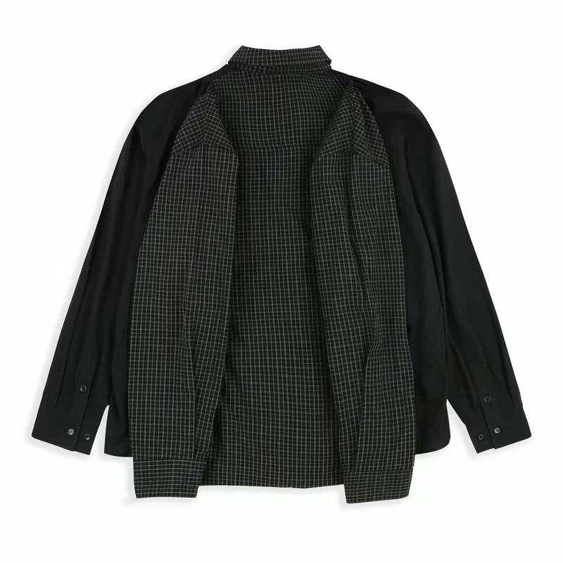 Fake Tow Pieces Protocol Index Four Sleeve Plaid Shirt Pockets Embroidery Label Men Women Casual Loose Long Sleeve Shirt Clothes