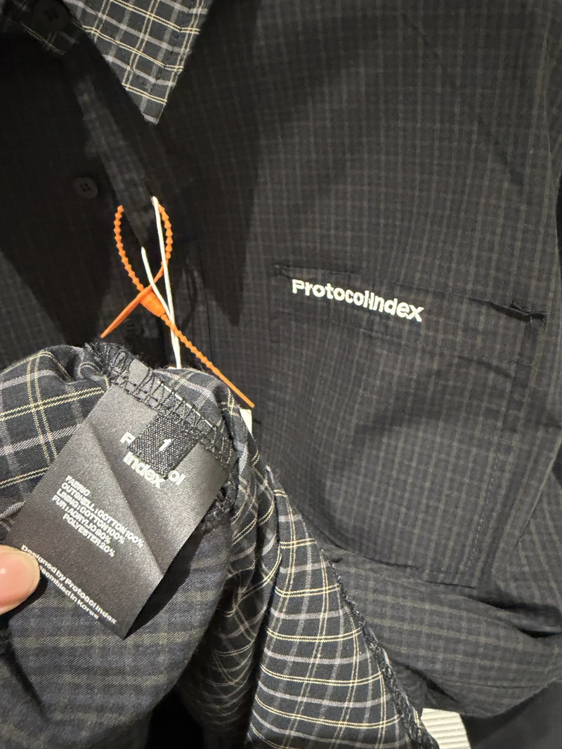 Fake Tow Pieces Protocol Index Four Sleeve Plaid Shirt Pockets Embroidery Label Men Women Casual Loose Long Sleeve Shirt Clothes