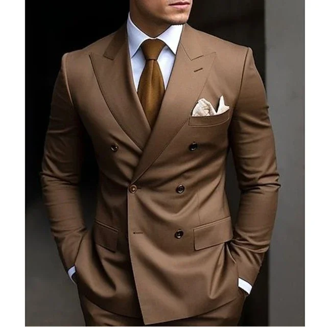 Sage Green Men's Wedding Suits Solid Color 2 Piece Daily Double Breasted Six-buttons Blazer Pants Formal Business Suit Set