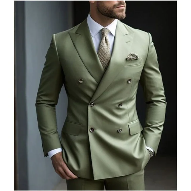 Sage Green Men's Wedding Suits Solid Color 2 Piece Daily Double Breasted Six-buttons Blazer Pants Formal Business Suit Set
