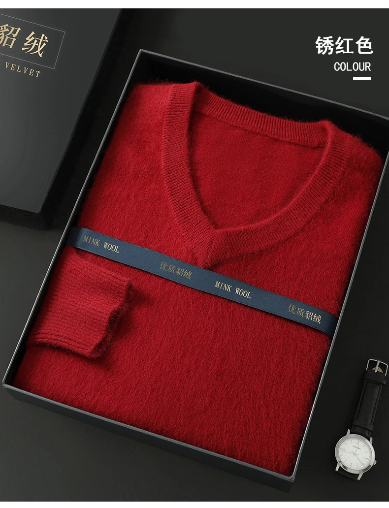 Men's 100% Pure Mink Cashmere Sweater V-Neck Pullover Sweater Knitted Sweater Autumn Winter New Long Sleeved High-end Loose Tops