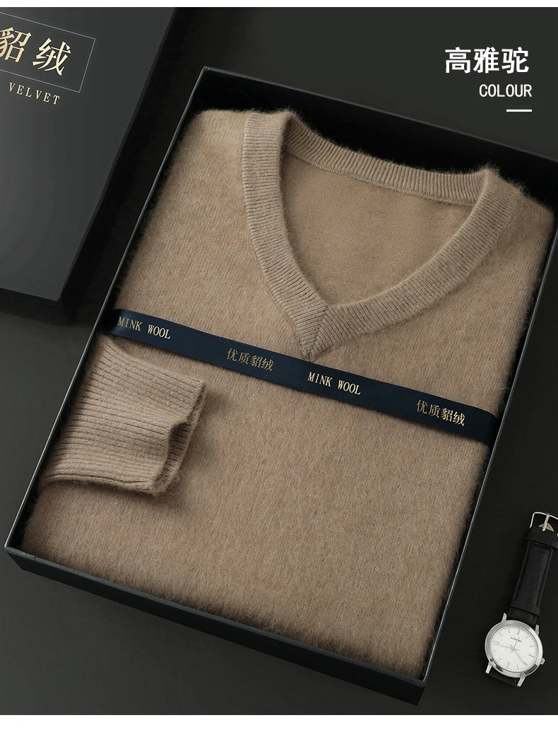 Men's 100% Pure Mink Cashmere Sweater V-Neck Pullover Sweater Knitted Sweater Autumn Winter New Long Sleeved High-end Loose Tops