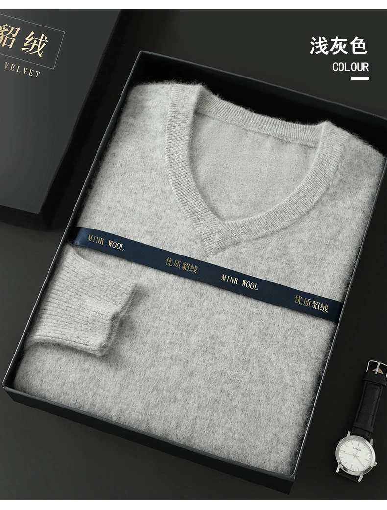 Men's 100% Pure Mink Cashmere Sweater V-Neck Pullover Sweater Knitted Sweater Autumn Winter New Long Sleeved High-end Loose Tops