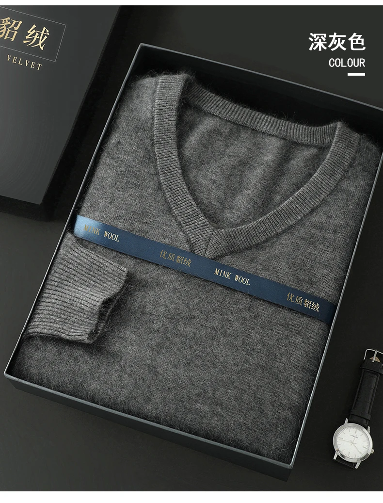 Men's 100% Pure Mink Cashmere Sweater V-Neck Pullover Sweater Knitted Sweater Autumn Winter New Long Sleeved High-end Loose Tops