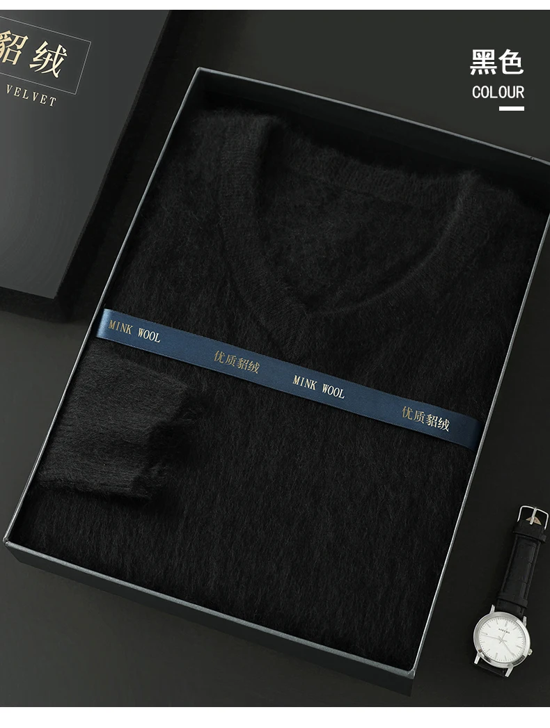 Men's 100% Pure Mink Cashmere Sweater V-Neck Pullover Sweater Knitted Sweater Autumn Winter New Long Sleeved High-end Loose Tops