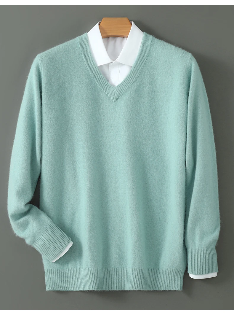 Men's 100% Pure Mink Cashmere Sweater V-Neck Pullover Sweater Knitted Sweater Autumn Winter New Long Sleeved High-end Loose Tops