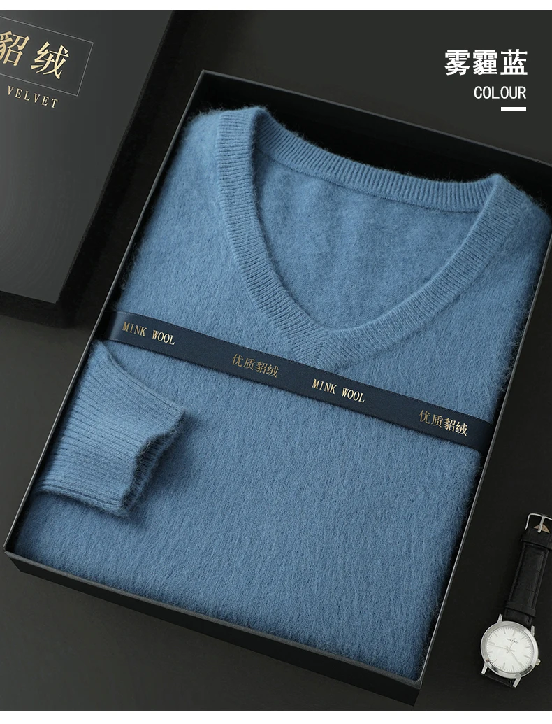Men's 100% Pure Mink Cashmere Sweater V-Neck Pullover Sweater Knitted Sweater Autumn Winter New Long Sleeved High-end Loose Tops