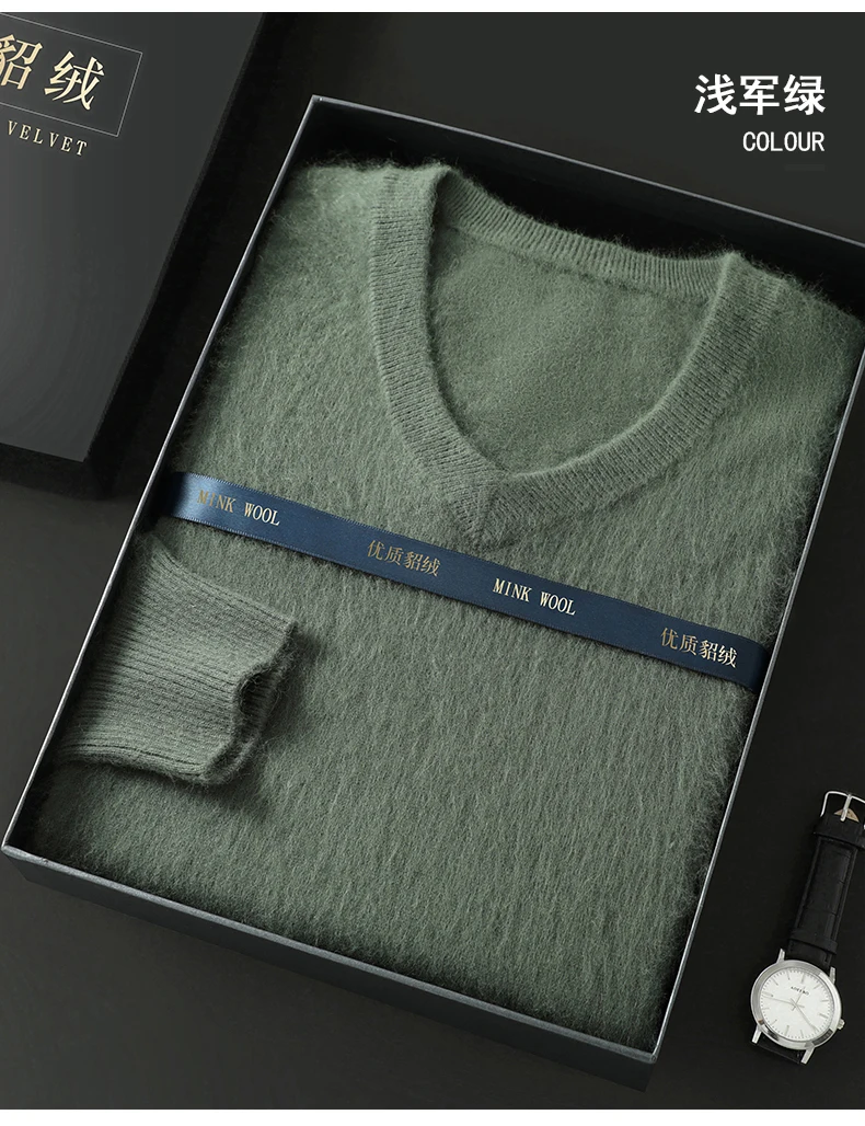 Men's 100% Pure Mink Cashmere Sweater V-Neck Pullover Sweater Knitted Sweater Autumn Winter New Long Sleeved High-end Loose Tops