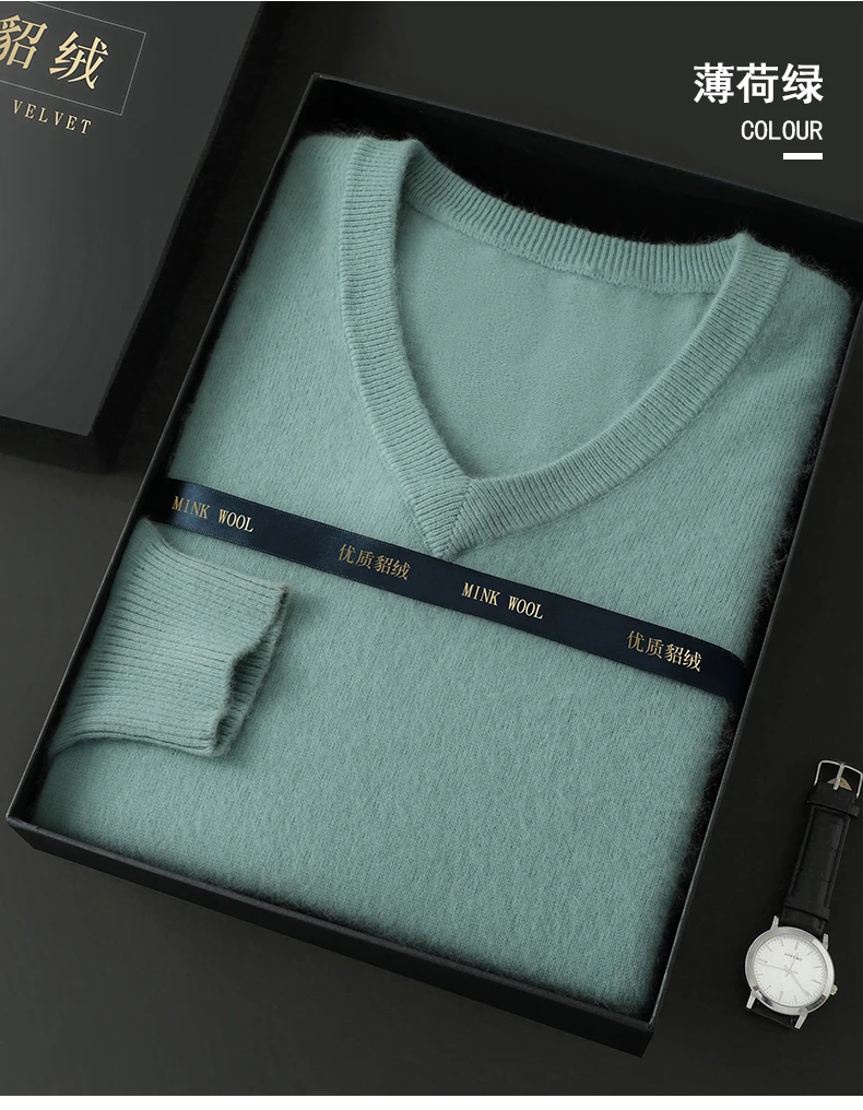 Men's 100% Pure Mink Cashmere Sweater V-Neck Pullover Sweater Knitted Sweater Autumn Winter New Long Sleeved High-end Loose Tops