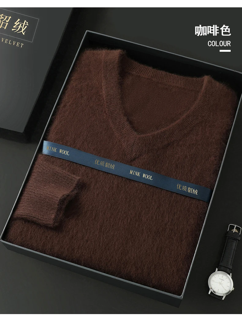 Men's 100% Pure Mink Cashmere Sweater V-Neck Pullover Sweater Knitted Sweater Autumn Winter New Long Sleeved High-end Loose Tops