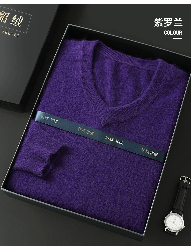 Men's 100% Pure Mink Cashmere Sweater V-Neck Pullover Sweater Knitted Sweater Autumn Winter New Long Sleeved High-end Loose Tops
