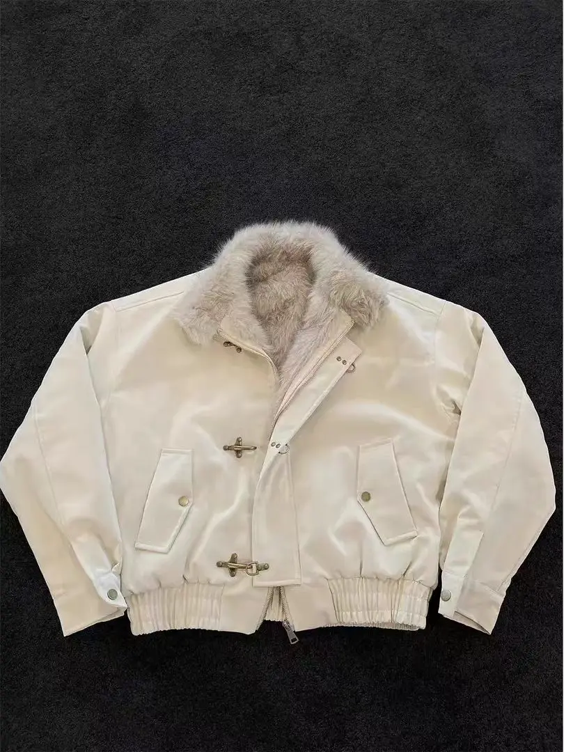 Inner Wool Thickened Bomber Jacket American Men's And Women's Aircraft Buckle Retro Fashion Stand-Up Collar Parka Retro Jackets