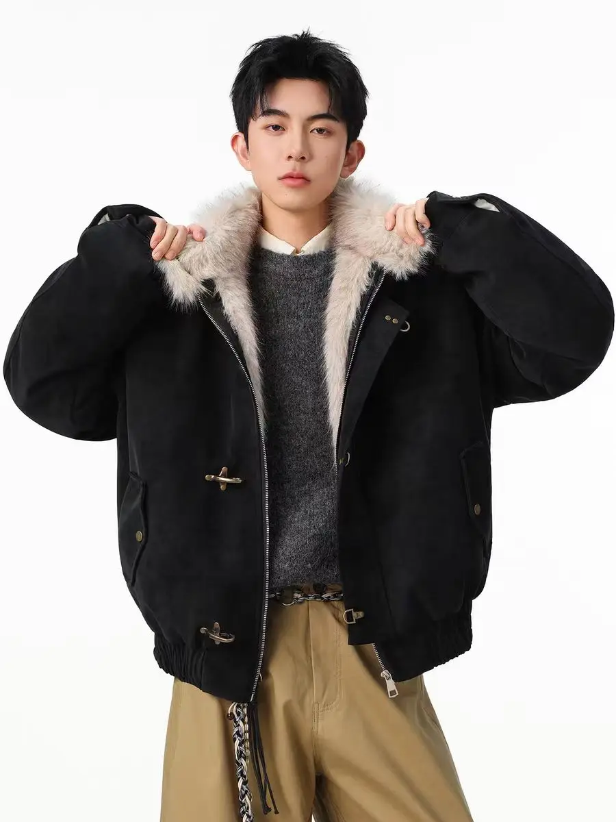 Inner Wool Thickened Bomber Jacket American Men's And Women's Aircraft Buckle Retro Fashion Stand-Up Collar Parka Retro Jackets