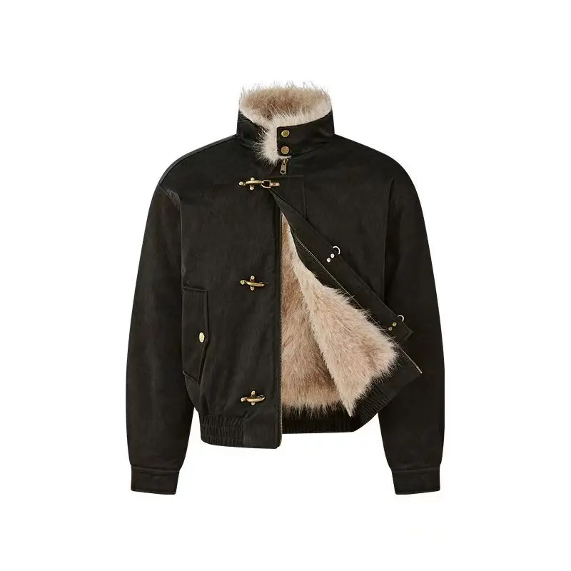 Inner Wool Thickened Bomber Jacket American Men's And Women's Aircraft Buckle Retro Fashion Stand-Up Collar Parka Retro Jackets