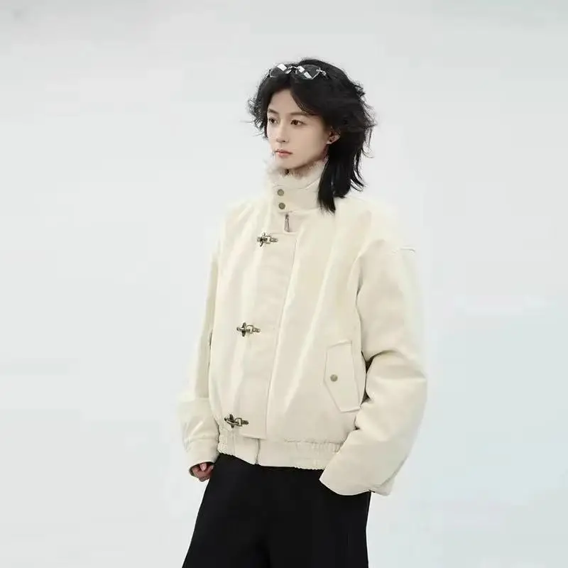 Inner Wool Thickened Bomber Jacket American Men's And Women's Aircraft Buckle Retro Fashion Stand-Up Collar Parka Retro Jackets