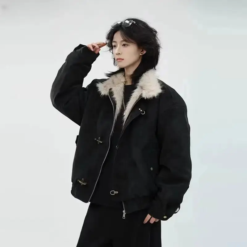 Inner Wool Thickened Bomber Jacket American Men's And Women's Aircraft Buckle Retro Fashion Stand-Up Collar Parka Retro Jackets