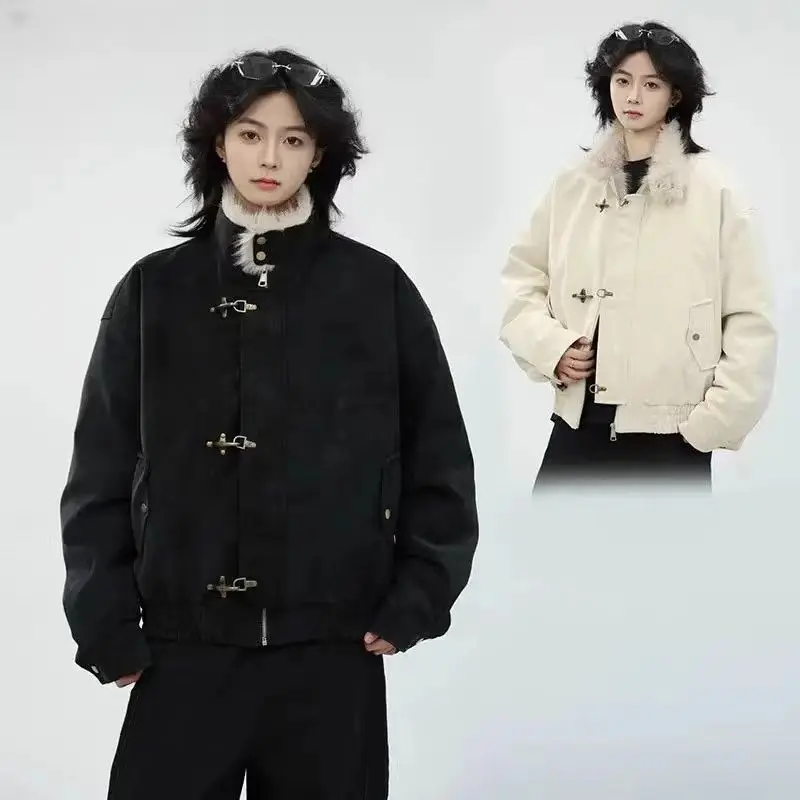 Inner Wool Thickened Bomber Jacket American Men's And Women's Aircraft Buckle Retro Fashion Stand-Up Collar Parka Retro Jackets