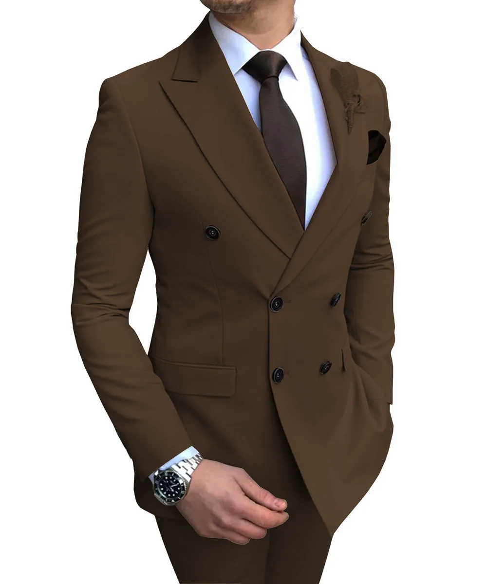 2026 New Beige Men's Suit 2 Pieces Double Breasted Notch Lapel Flat Slim Fit Casual Tuxedos For Wedding(Blazer+Pants)