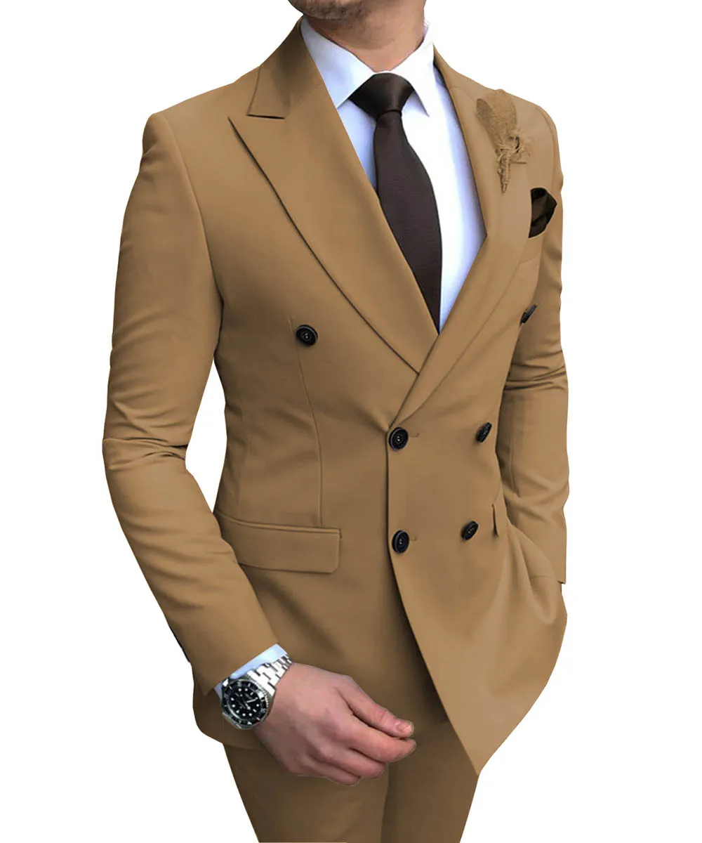 2026 New Beige Men's Suit 2 Pieces Double Breasted Notch Lapel Flat Slim Fit Casual Tuxedos For Wedding(Blazer+Pants)