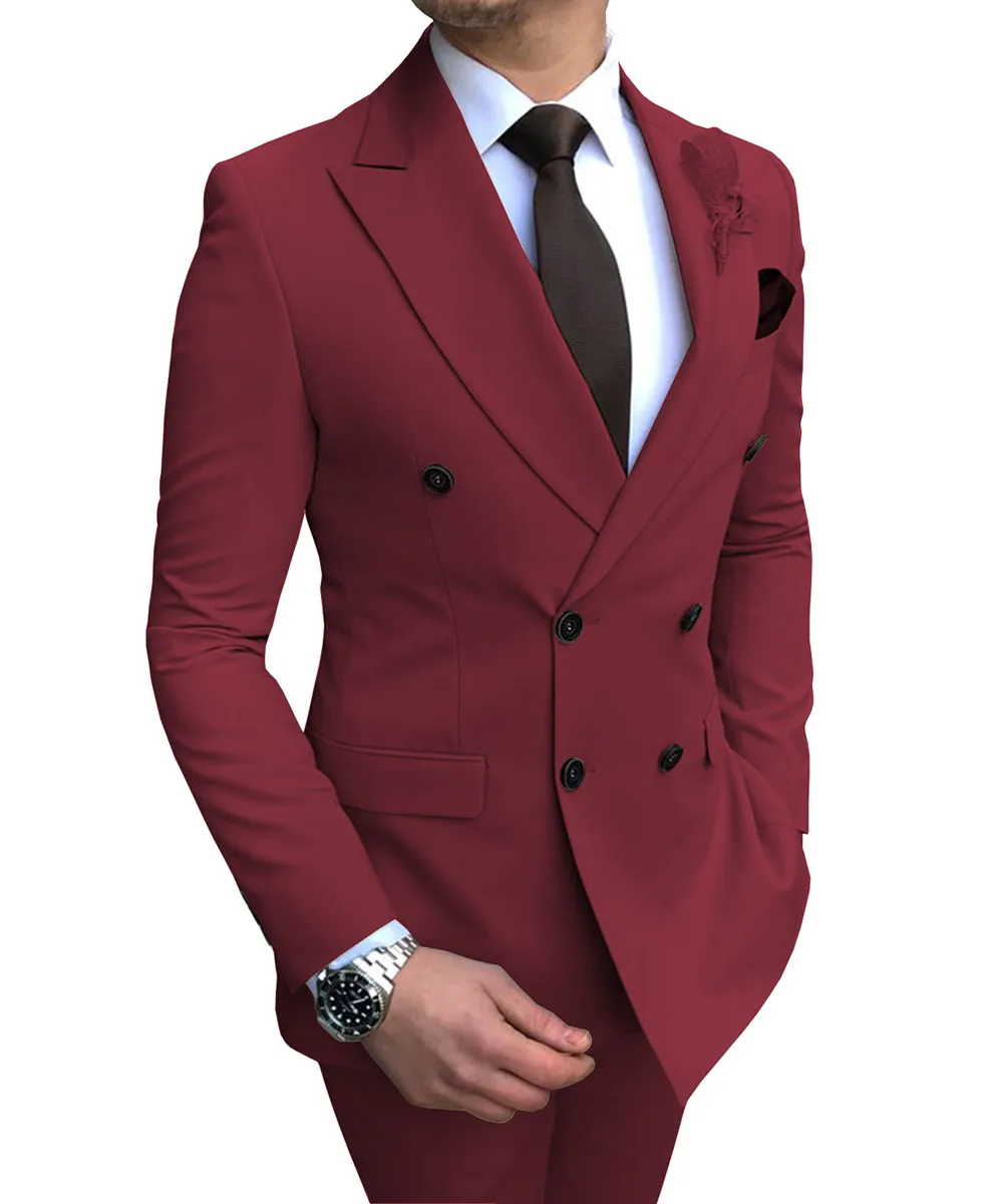2026 New Beige Men's Suit 2 Pieces Double Breasted Notch Lapel Flat Slim Fit Casual Tuxedos For Wedding(Blazer+Pants)