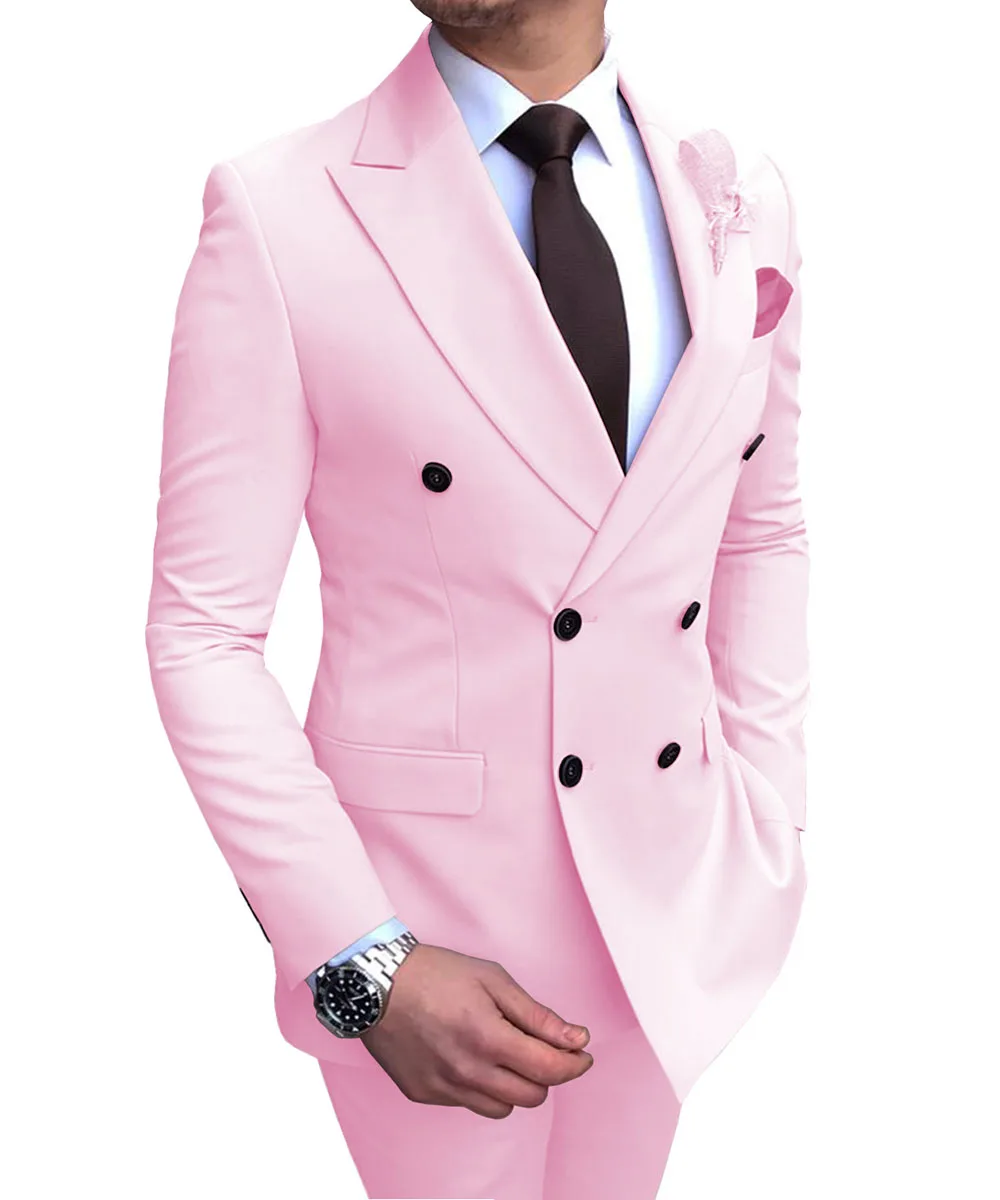 2026 New Beige Men's Suit 2 Pieces Double Breasted Notch Lapel Flat Slim Fit Casual Tuxedos For Wedding(Blazer+Pants)