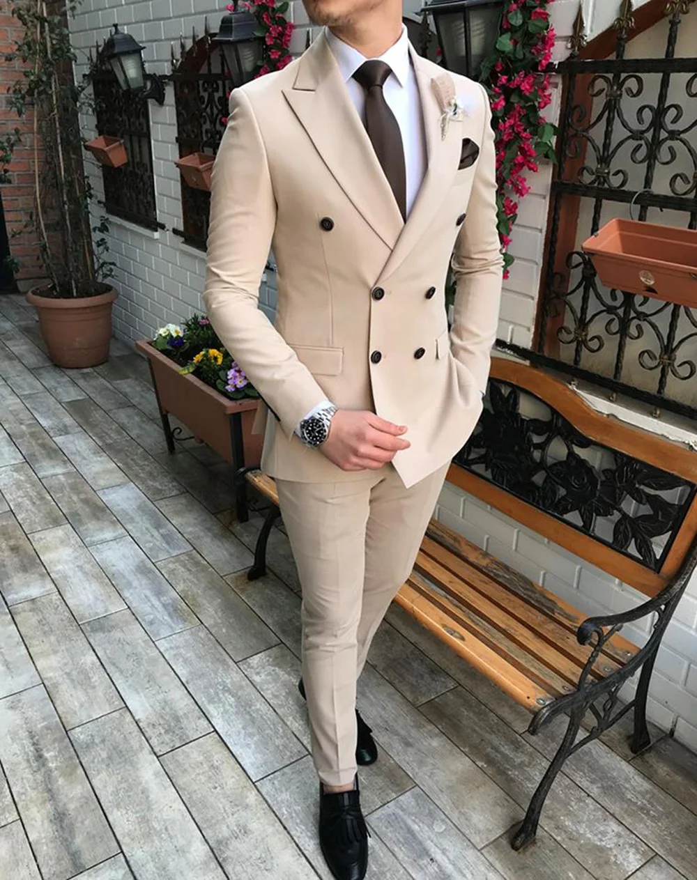2026 New Beige Men's Suit 2 Pieces Double Breasted Notch Lapel Flat Slim Fit Casual Tuxedos For Wedding(Blazer+Pants)
