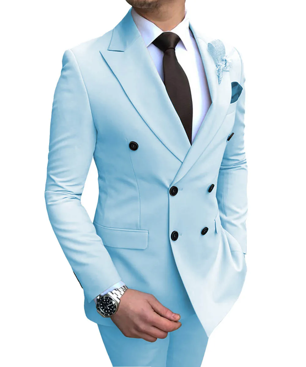 2026 New Beige Men's Suit 2 Pieces Double Breasted Notch Lapel Flat Slim Fit Casual Tuxedos For Wedding(Blazer+Pants)