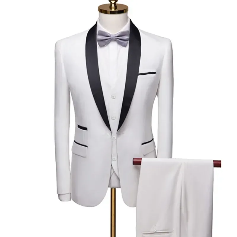 ( Jacket + Vest + Pants ) Men's 3 Piece Tuxedo Suit Set, Beige Blazer with Black Shawl Lapel for Wedding, Groom, Formal Party