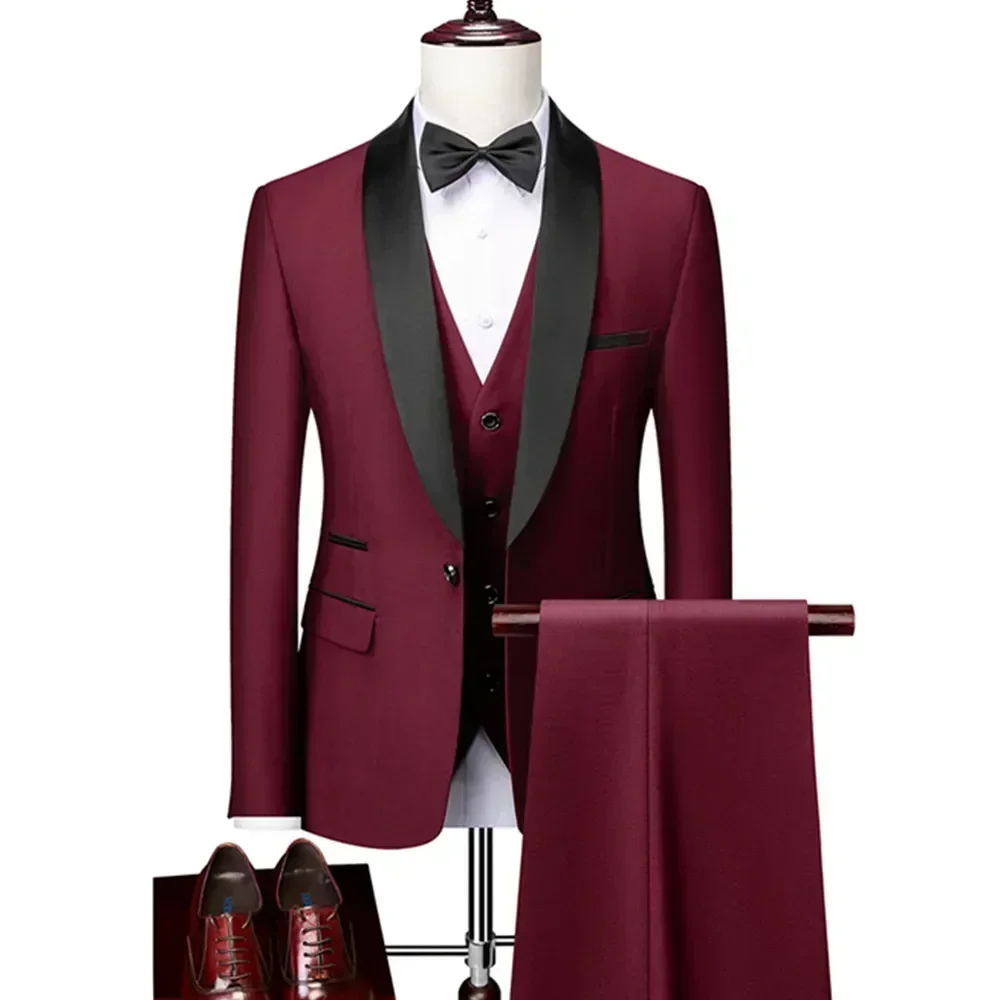 ( Jacket + Vest + Pants ) Men's 3 Piece Tuxedo Suit Set, Beige Blazer with Black Shawl Lapel for Wedding, Groom, Formal Party