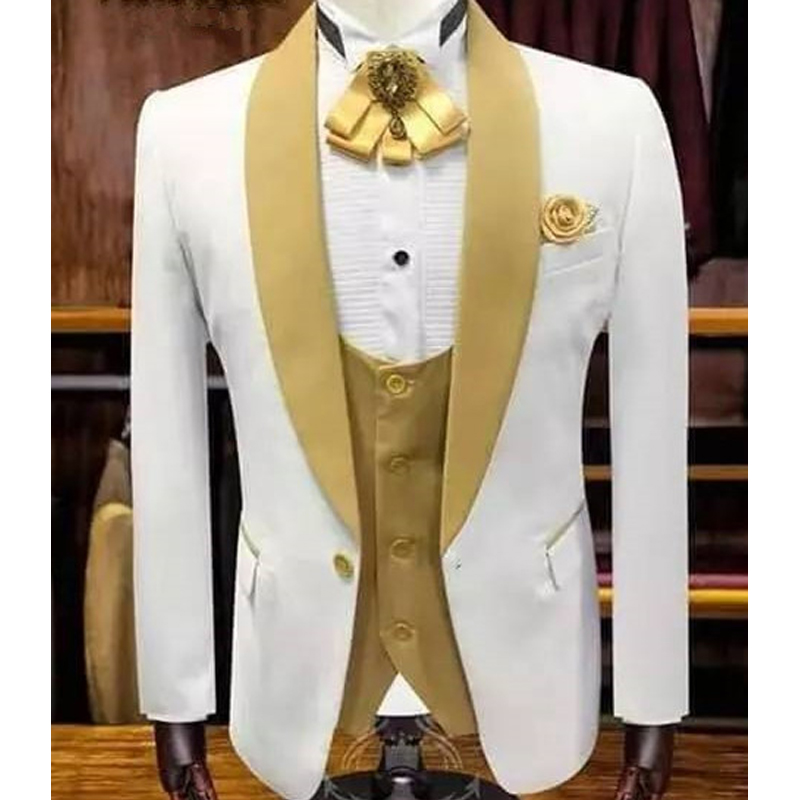 White and Gold Wedding Evening Dress Groomsman Shawl Lapel Men Suit 3PCS Costume Homme Jacket Vest and Gold Pants