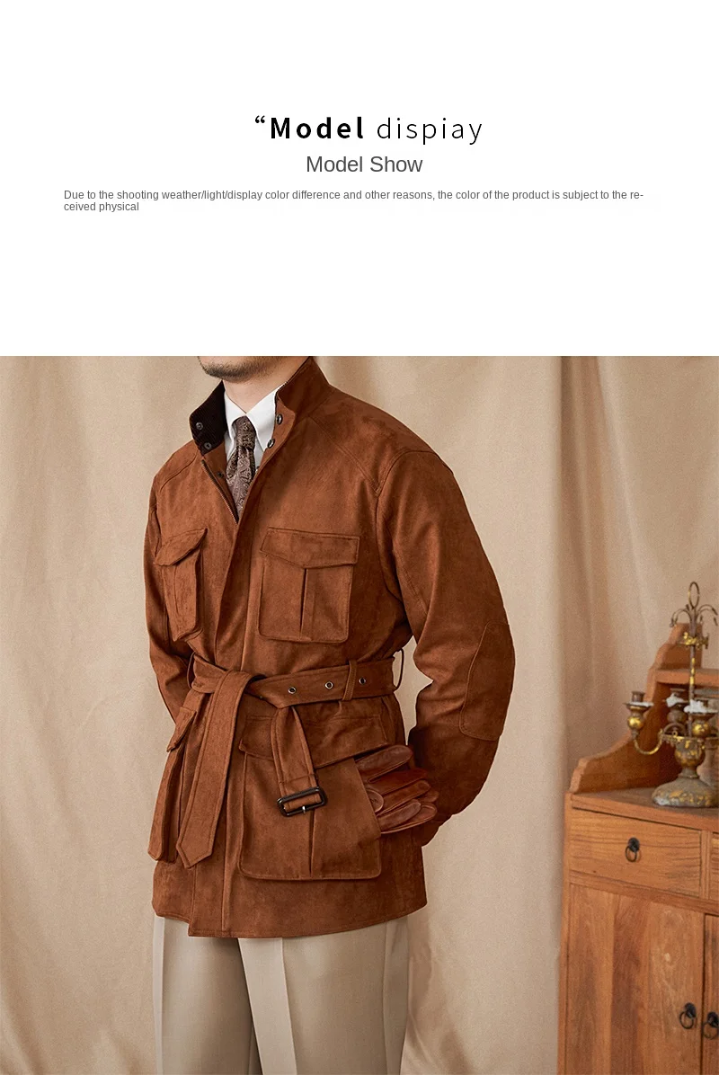 Gentry High-style Suede Hunting Jacket Belt Multi-pocket Warm Slim-fit Casual Jacket for Men