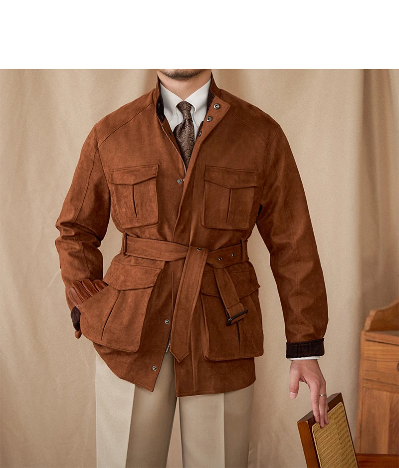 Gentry High-style Suede Hunting Jacket Belt Multi-pocket Warm Slim-fit Casual Jacket for Men